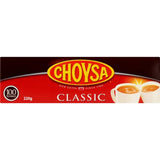 Bright red and yellow logo of Choysa Tea Classic, a beloved Kiwi brand since 1905, known for its rich flavor and aroma.