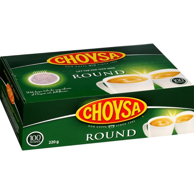 Choysa Tea Round features a vibrant logo, offering a rich, full-flavored black tea cherished in New Zealand since 1905.