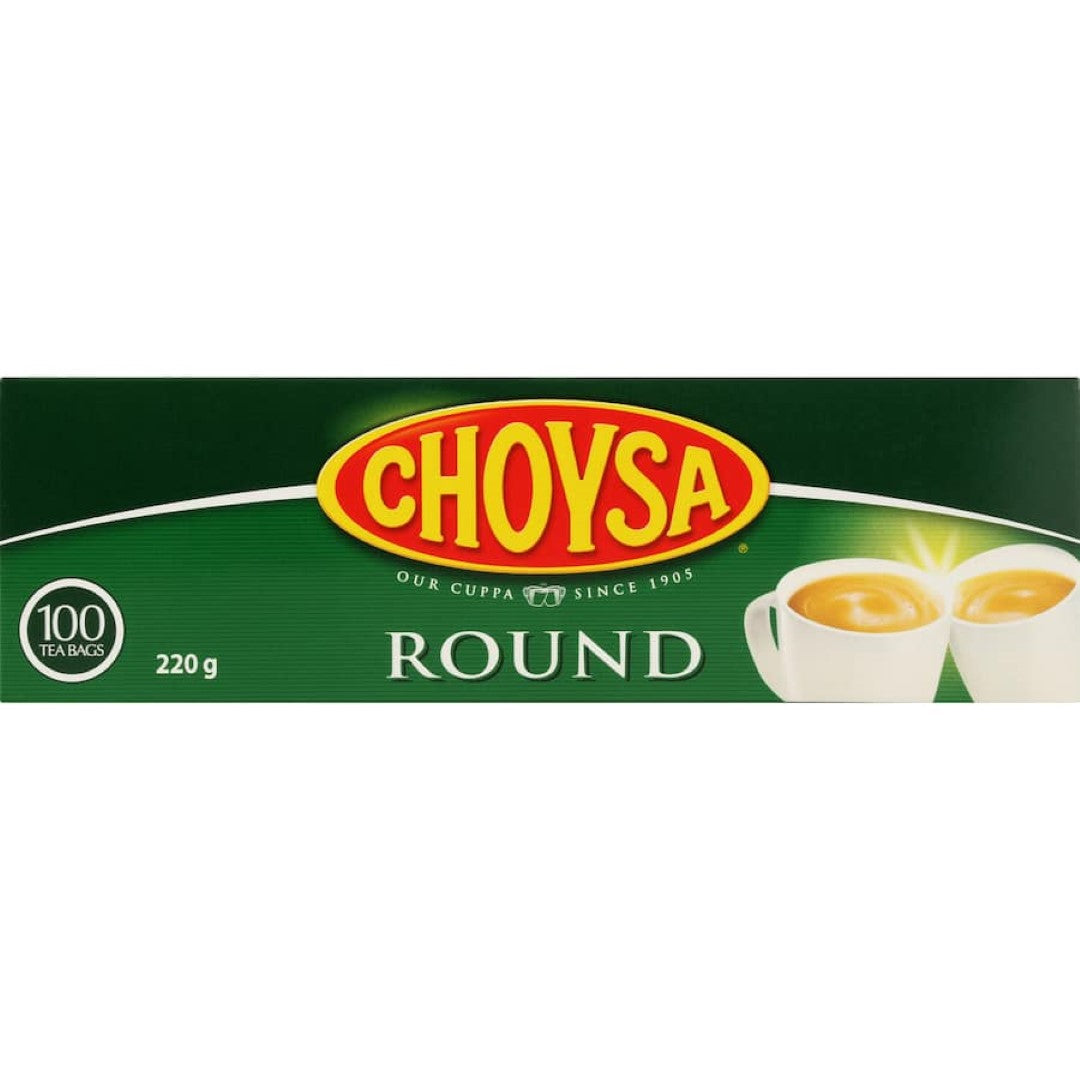 Choysa Tea Round packaging featuring a bright red and yellow logo, representing quality black tea from New Zealand since 1905.