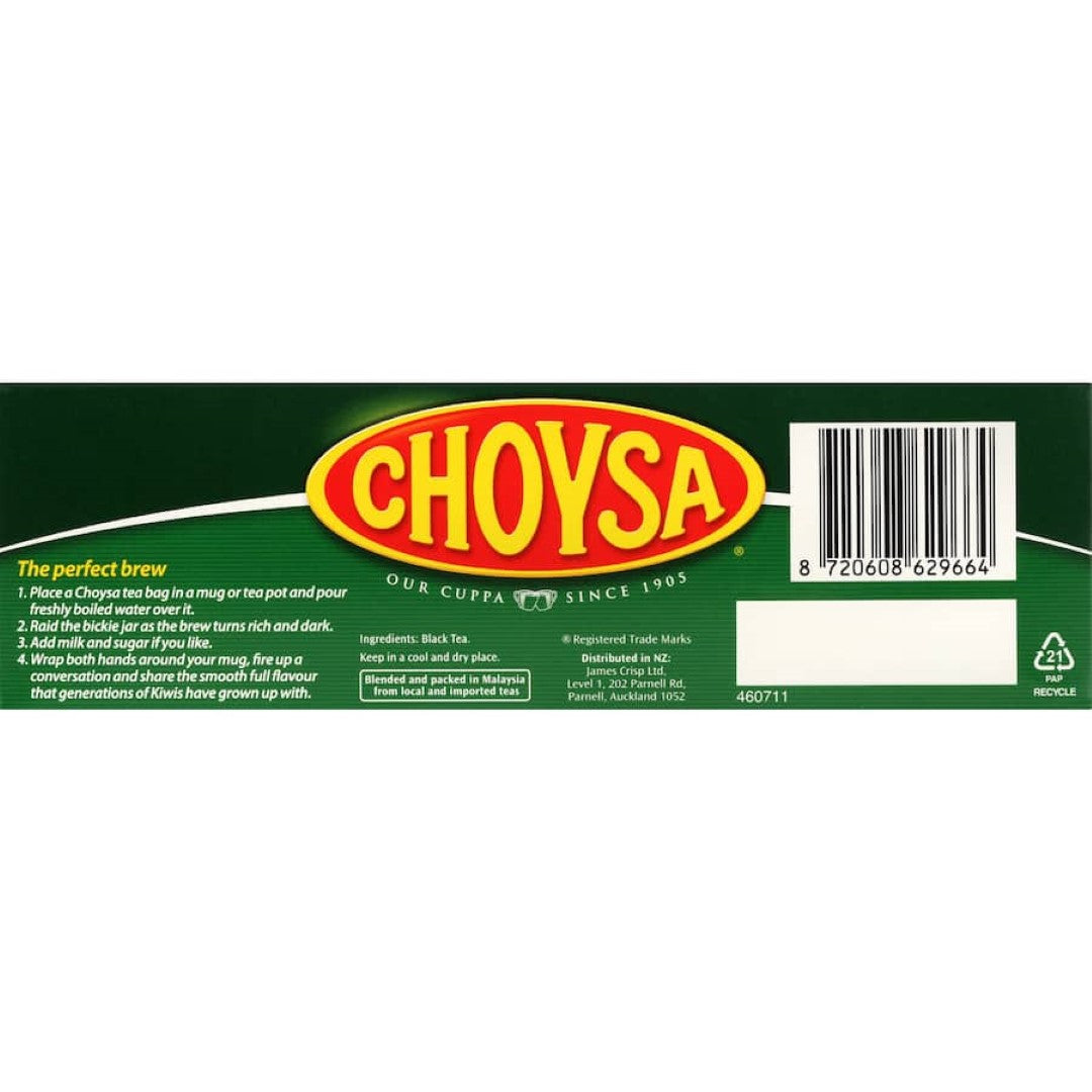 Choysa Tea Round features an iconic red and yellow logo, offering rich flavor and aroma in a classic black tea blend.