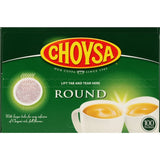 Choysa Tea Round features a bright red and yellow logo, offering a rich, full-flavor black tea blend adored in New Zealand.