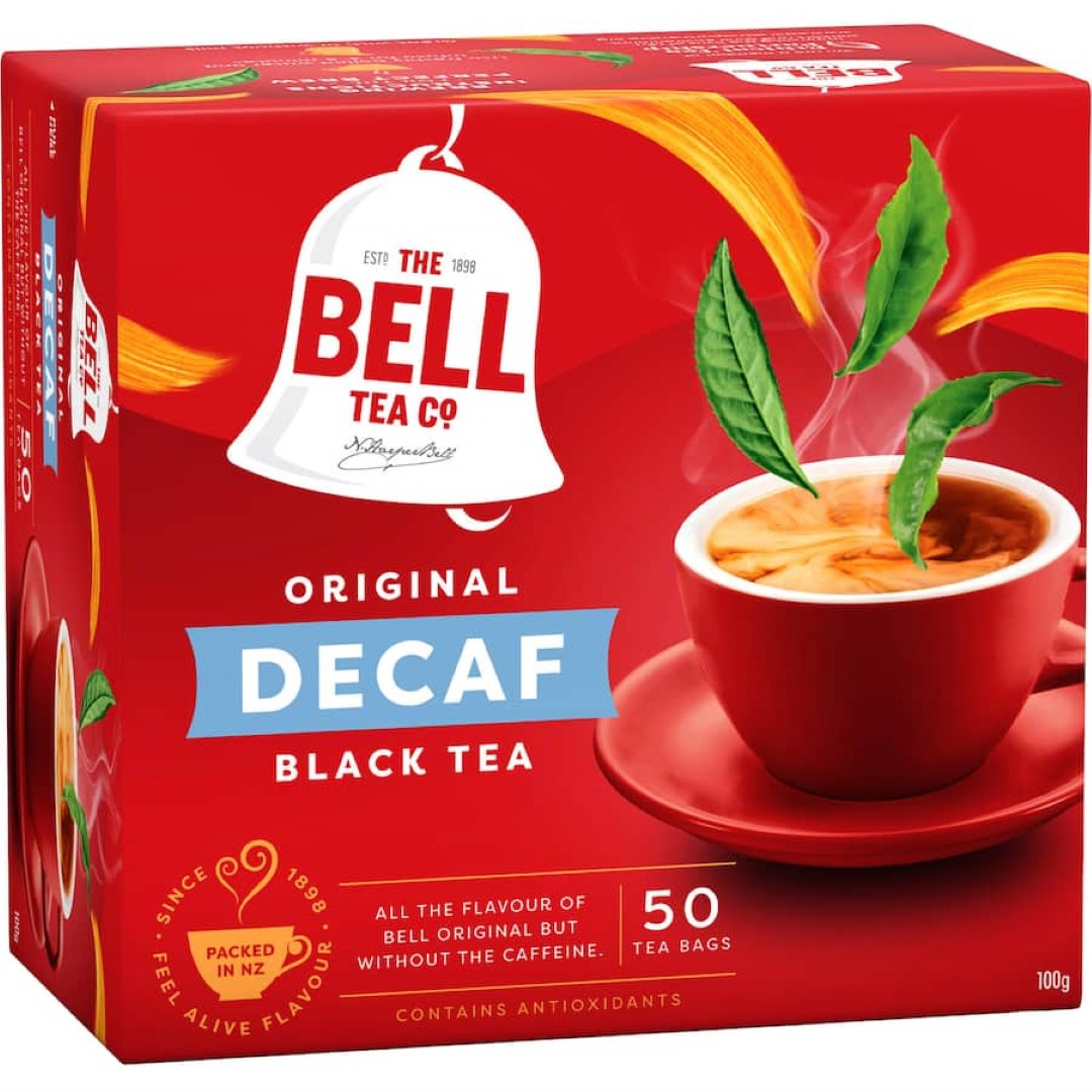 Bell Original Tea Decaf: 50 decaffeinated black tea bags, full flavor, Rainforest Alliance certified, sustainably packaged.