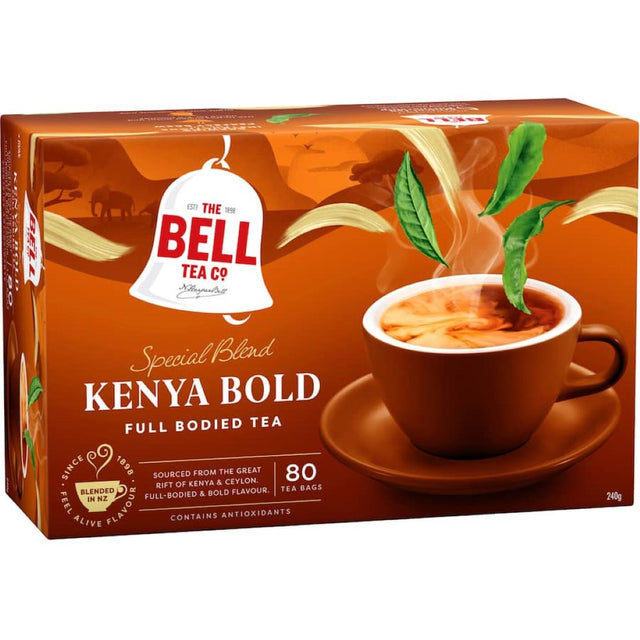 Alt text: "Bell Special Blend Tea Kenya Bold featuring 80 bags of robust black tea from Kenya and Ceylon, sustainably sourced."