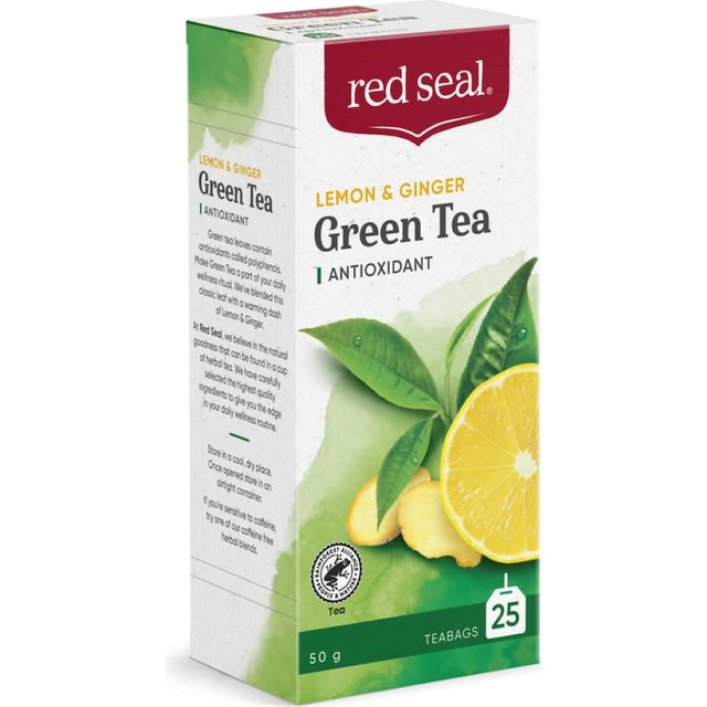 Refreshing Red Seal Green Tea infused with zesty lemon and warming ginger, packed with antioxidants for wellness.