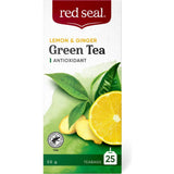 Refreshing blend of Red Seal Green Tea with lemon and ginger, rich in antioxidants for wellness and flavor.