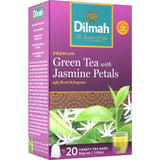 A box of Dilmah Green Tea with Jasmine Petals, featuring elegant tea bags filled with soothing jasmine-scented green tea.