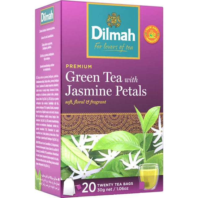 A box of Dilmah Green Tea with Jasmine Petals, featuring elegant tea bags filled with soothing jasmine-scented green tea.