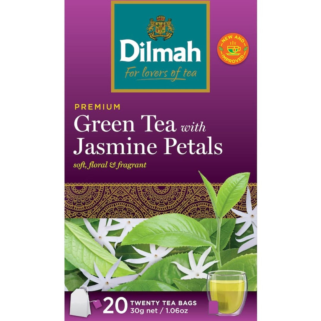 Dilmah Green Tea with Jasmine Petals in a box of 20 tea bags, featuring real jasmine petals and a soothing, aromatic experience.