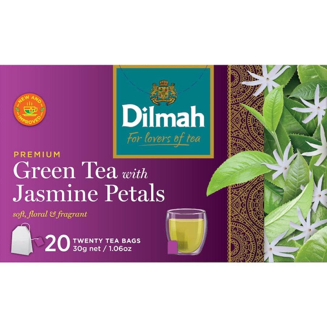 Dilmah Green Tea with Jasmine Petals: premium tea bags featuring bold leaves and fragrant jasmine for a soothing experience.