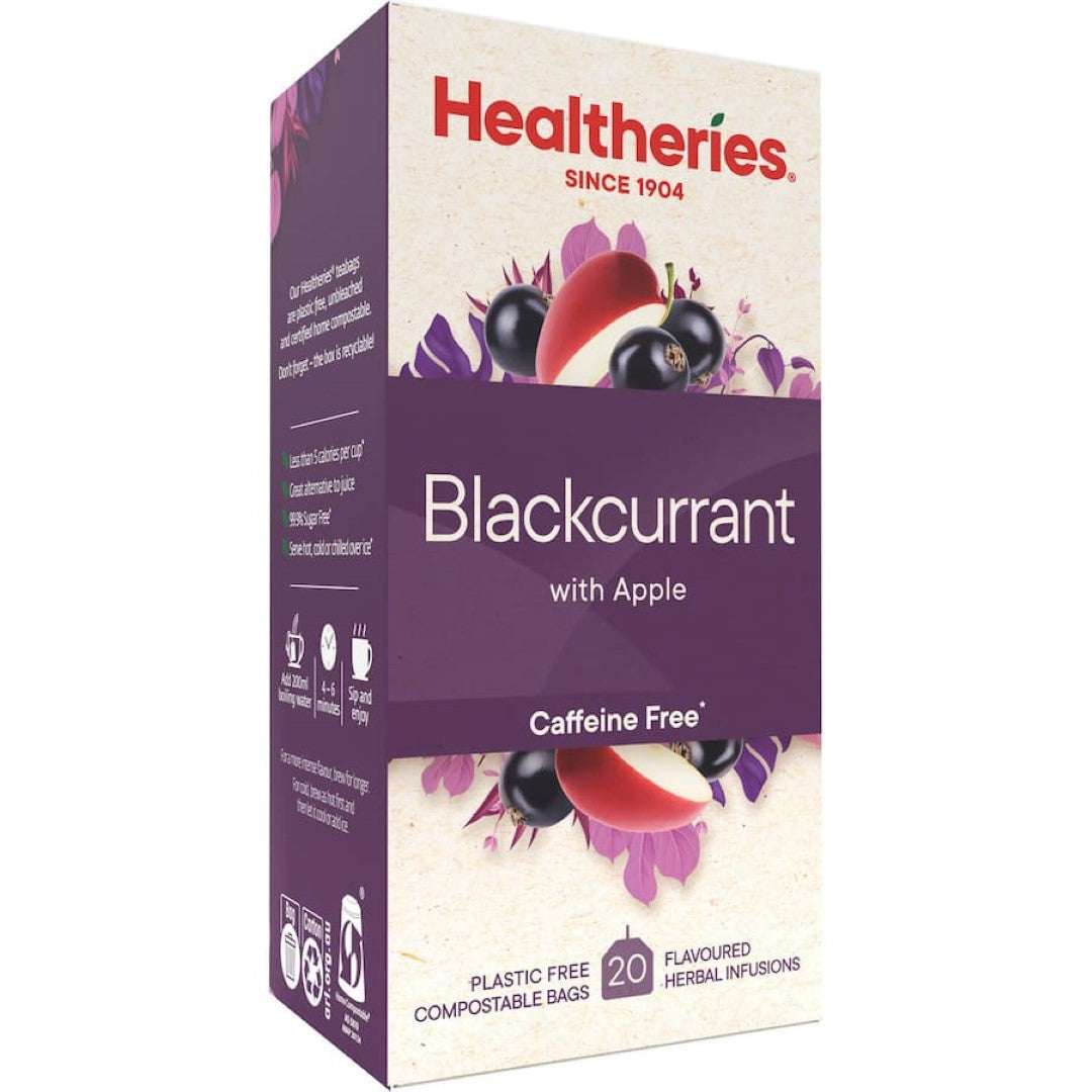 A vibrant box of Healtheries Fruit Tea featuring blackcurrant, apple, and elderberry for a refreshing, caffeine-free experience.