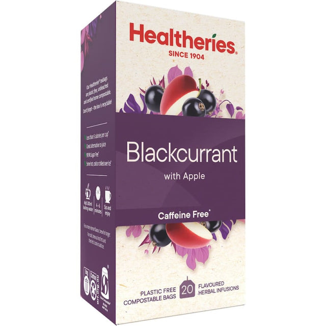 A vibrant box of Healtheries Fruit Tea featuring blackcurrant, apple, and elderberry for a refreshing, caffeine-free experience.