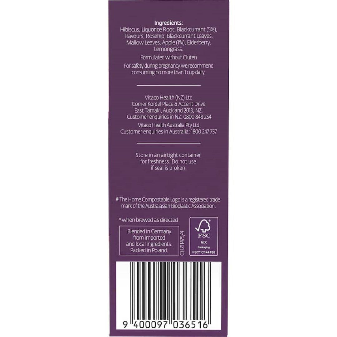 A vibrant blend of blackcurrant, apple, and elderberry, perfect for hot or iced refreshing tea.