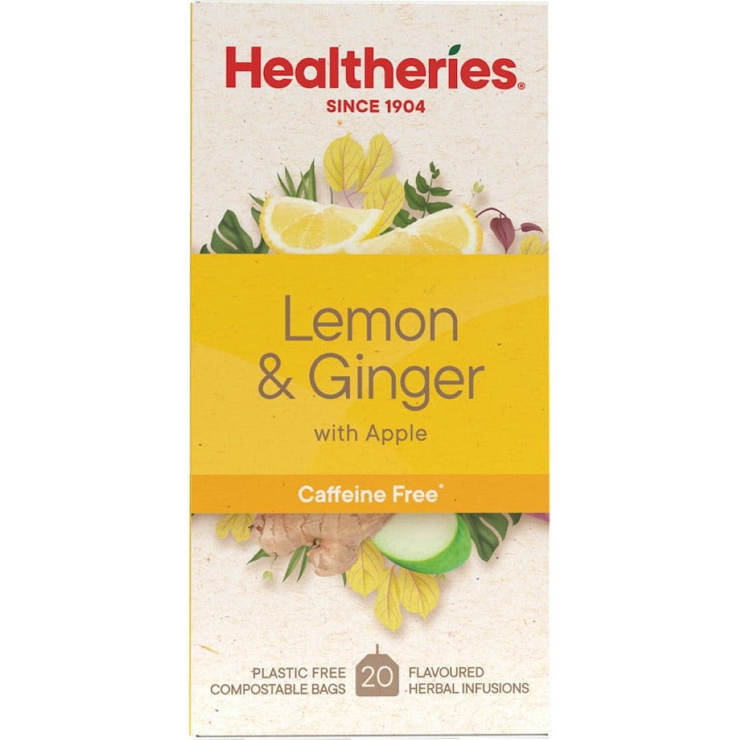 A vibrant herbal tea blend of lemon and ginger with hibiscus, perfect hot or iced, caffeine-free, and packed with fruity flavors.