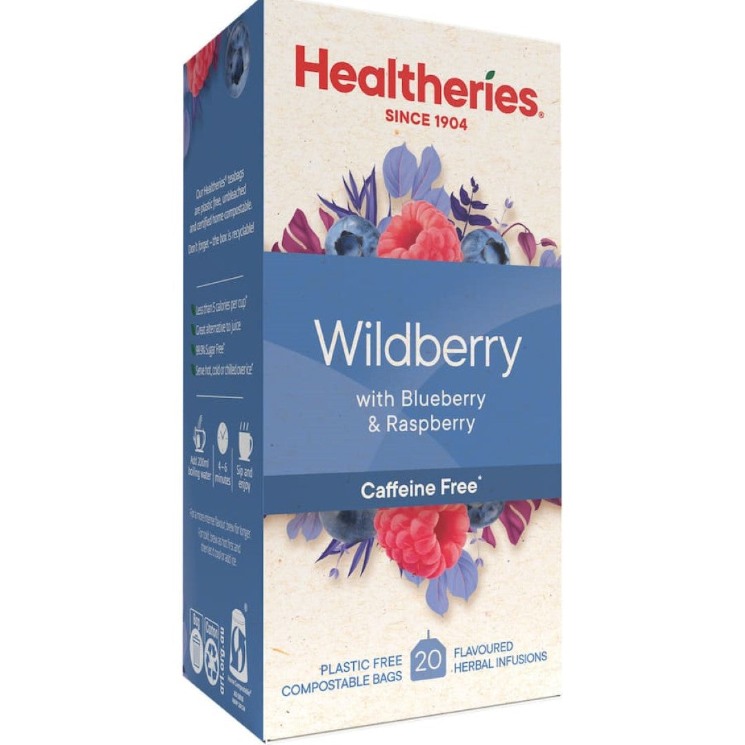 A vibrant blend of blackberry, raspberry, and blueberry in Healtheries Fruit Tea Wild Berries, perfect hot or iced.