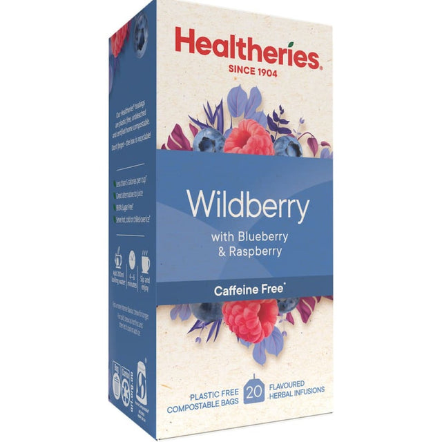 A vibrant blend of blackberry, raspberry, and blueberry in Healtheries Fruit Tea Wild Berries, perfect hot or iced.