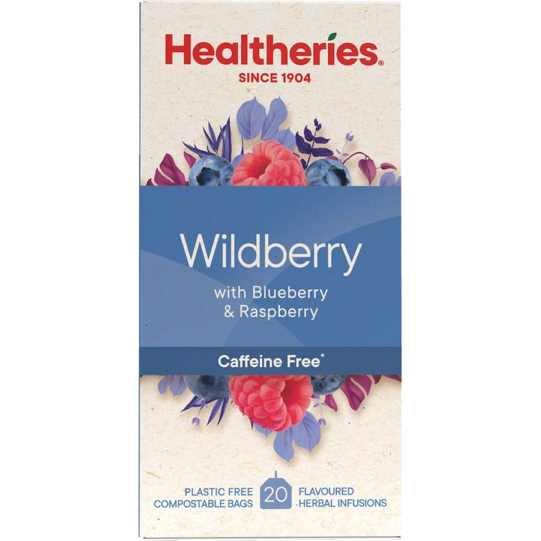 A vibrant blend of blackberry, raspberry, and blueberry in Healtheries Fruit Tea Wild Berries, perfect hot or iced.