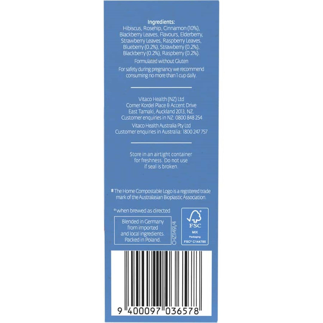 A vibrant infusion of blackberry, raspberry, and blueberry in Healtheries Fruit Tea Wild Berries, perfect hot or iced.