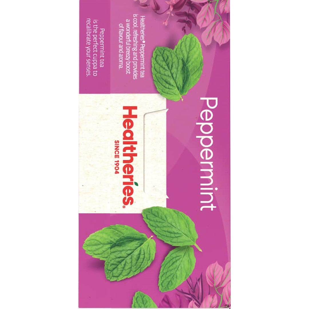 A soothing cup of Healtheries Herbal Tea Peppermint, perfect for digestion and relaxation, with a refreshing flavor and aroma.