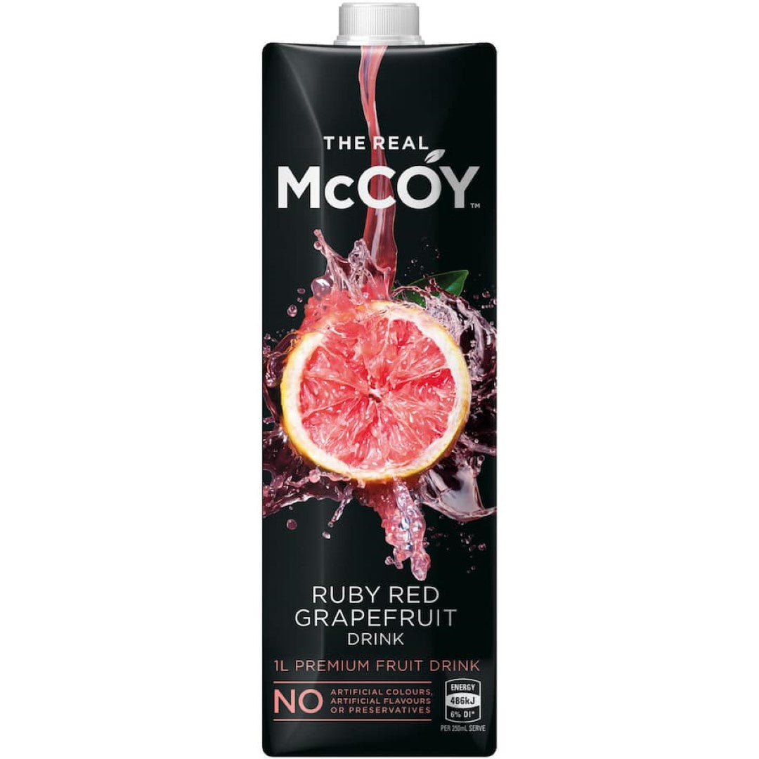 McCoy Fruit Drink Ruby Red Grapefruit, a refreshing zesty beverage made with premium grapefruit, free from artificial additives.