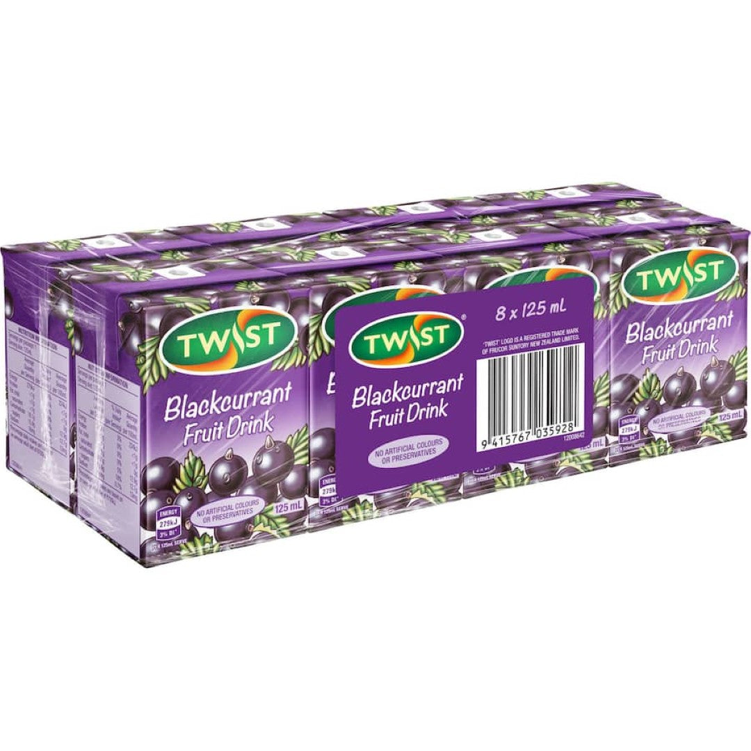 Twist Fruit Drink Blackcurrant 125ml pack with vibrant blackcurrant flavor, perfect for on-the-go enjoyment and guilt-free refreshment.