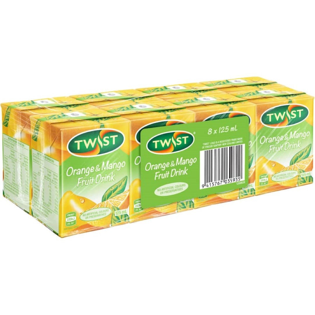 A 125ml bottle of Twist Fruit Drink featuring a zesty orange and mango blend, ideal for a refreshing, on-the-go beverage.