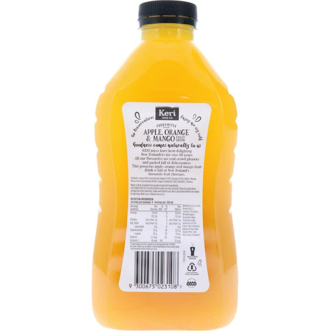 Keri Fruit Drink Apple Orange & Mango, a vibrant blend of real fruit flavors in a sharing-size bottle, perfect for any occasion.