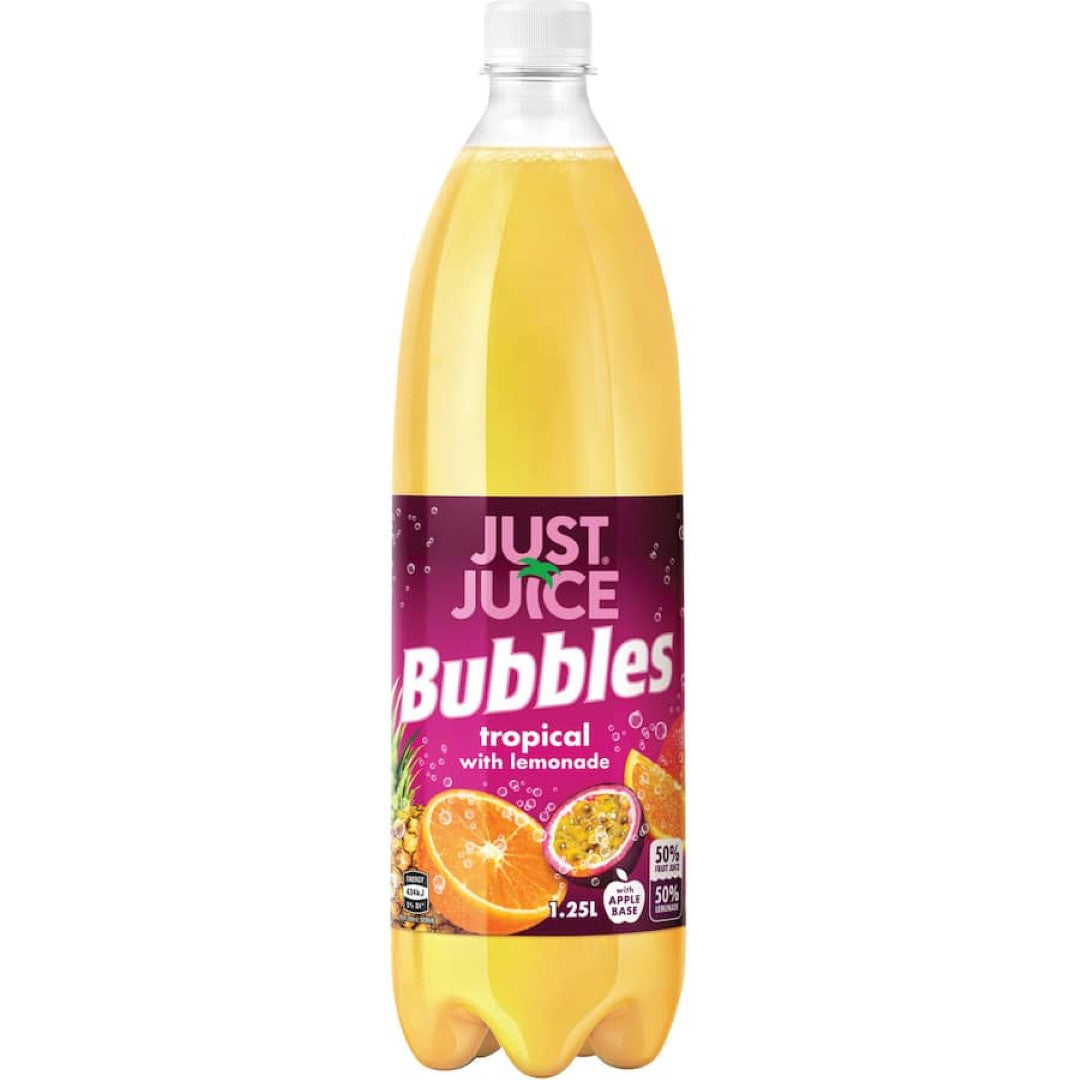 A refreshing soft drink with 50% real juice featuring tropical flavors and zesty lemonade.