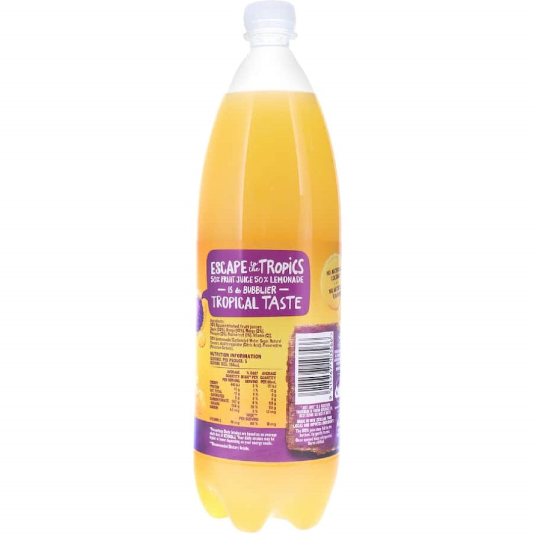 Glass bottle of Just Juice Bubbles Tropical Soft Drink with lemonade, featuring vibrant packaging and tropical fruit imagery.