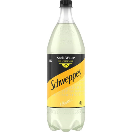 Schweppes Drink Mixers Soda with a Twist of Lemon, featuring crisp bubbles and refreshing lemon flavor in a 1.5L bottle.