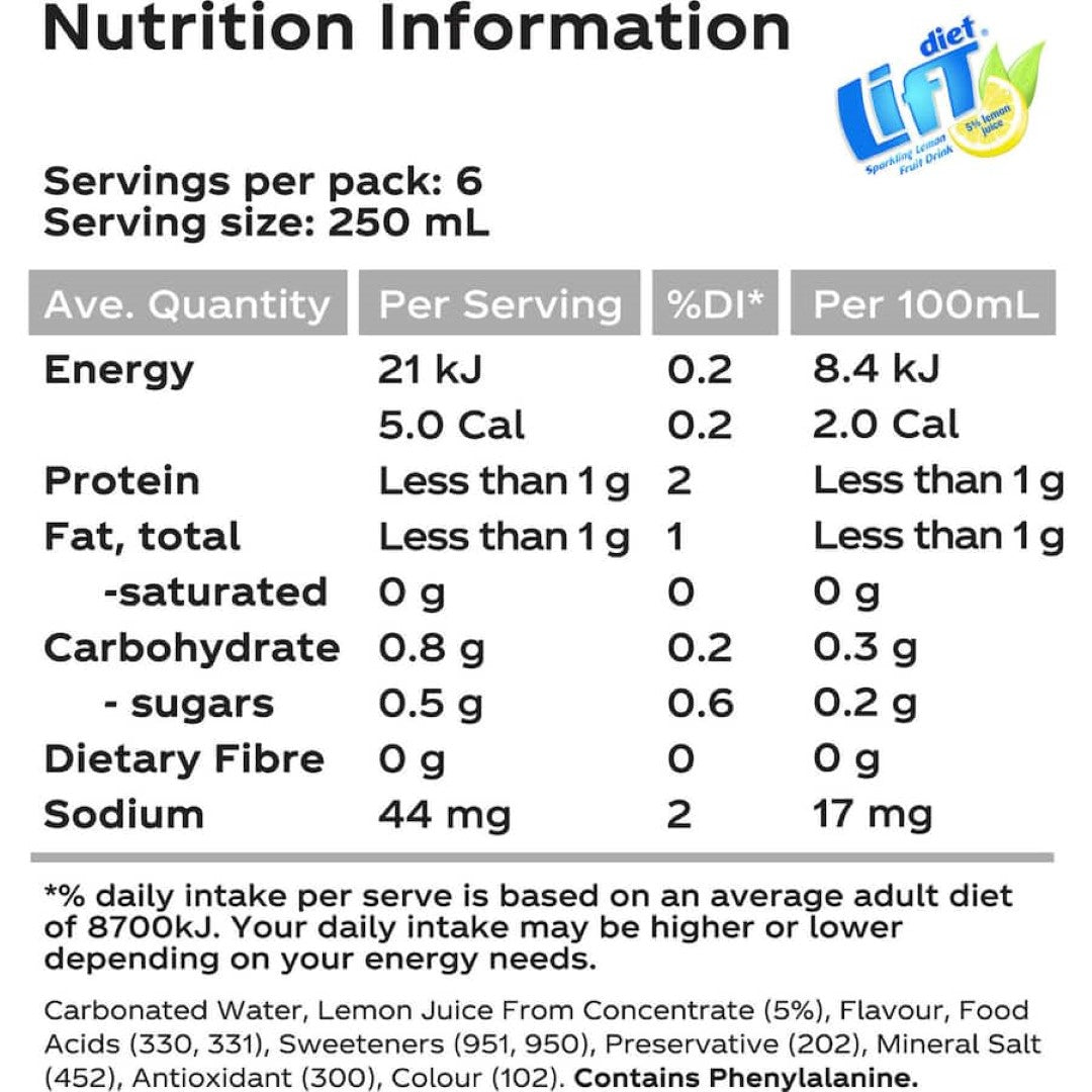 Lift Soft Drink Diet Lemon in a 1.5L bottle, featuring a zesty lemon flavor with 5% real lemon juice for a refreshing taste.