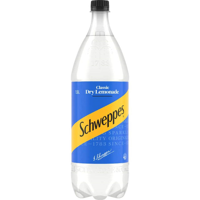 Chilled bottle of Schweppes Lemonade showcasing its crisp, zesty flavor, perfect for parties or refreshing moments.