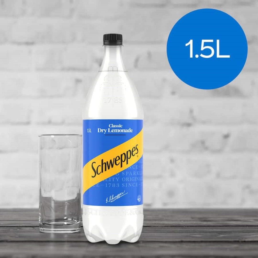 Bottle of Schweppes Soft Drink Lemonade featuring crisp, zesty flavor, perfect for refreshing sips or mixing in cocktails.