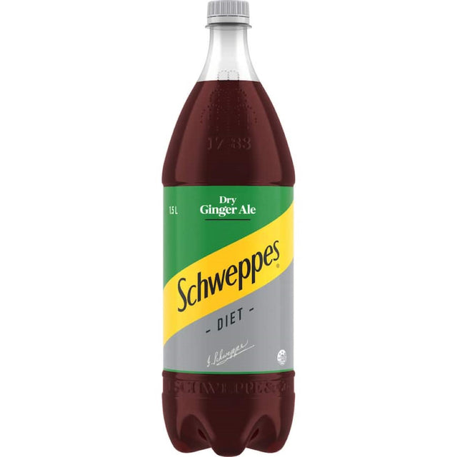 Sugar-free Schweppes Diet Ginger Ale in a 1.5L bottle, perfect for mixing with cocktails for a refreshing, spicy flavor.