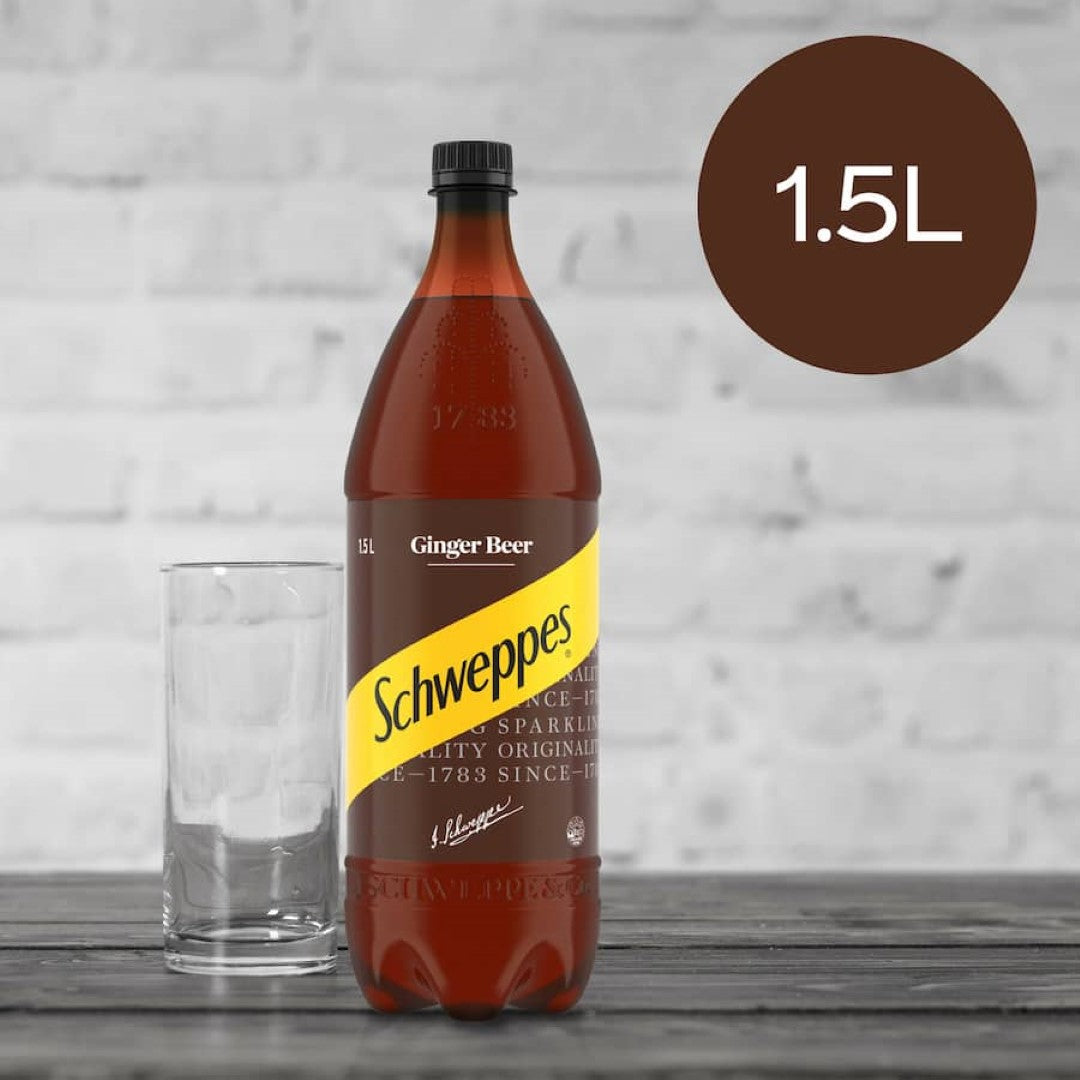 Schweppes Ginger Beer in a 1.5L bottle features spicy ginger flavor and fizz, perfect for mixing or enjoying chilled.