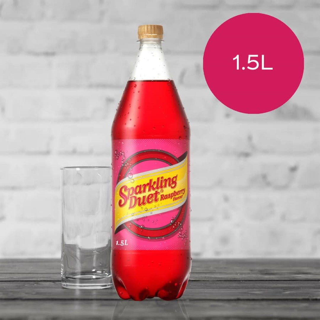 Bubbly Sparkling Duet Raspberry soft drink in convenient cans and 1.5L bottle, bursting with crisp raspberry flavor.