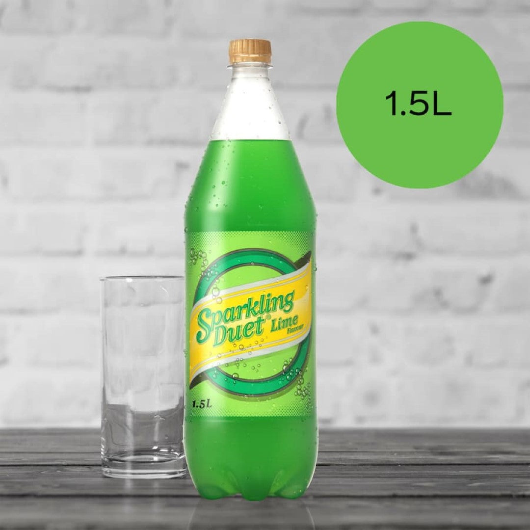 Sparkling Duet Lime soft drink in a 1.5L bottle, offering refreshing bubbly lime flavor and a crisp citrus bite.