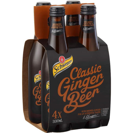 Schweppes Ginger Beer in glass bottles, showcasing bold ginger flavor balanced with sweetness, ideal for cocktails or standalone refreshment.