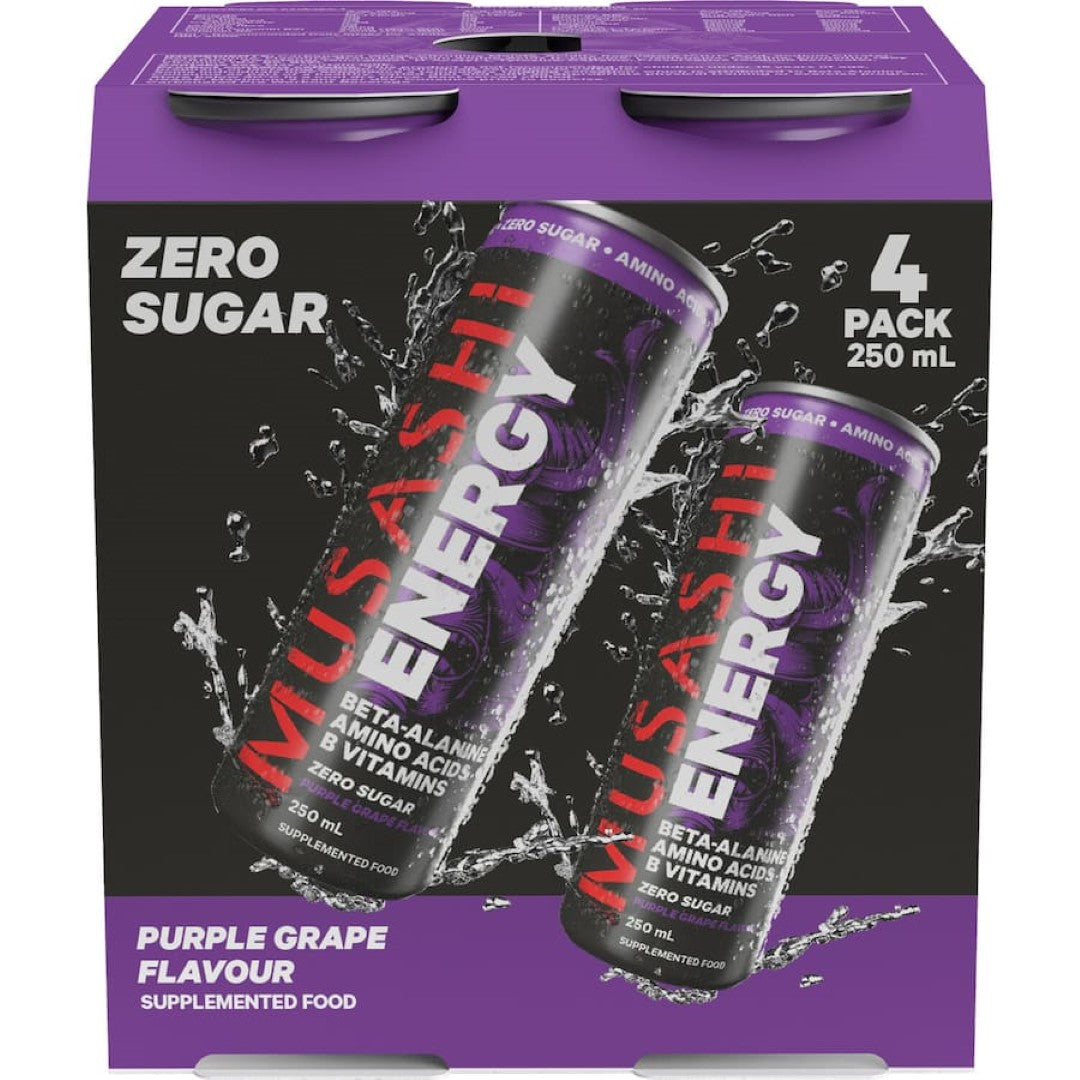 Musashi Energy Drink in Purple Grape flavor, packed with caffeine, B vitamins, and electrolytes for lasting energy and focus.