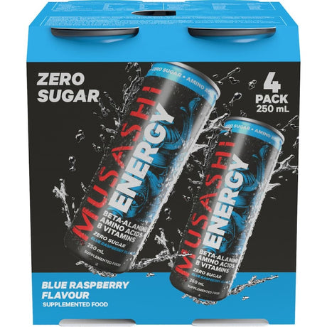 A refreshing Blue Raspberry Musashi Energy Drink can, designed for hydration and energy, perfect for active lifestyles.