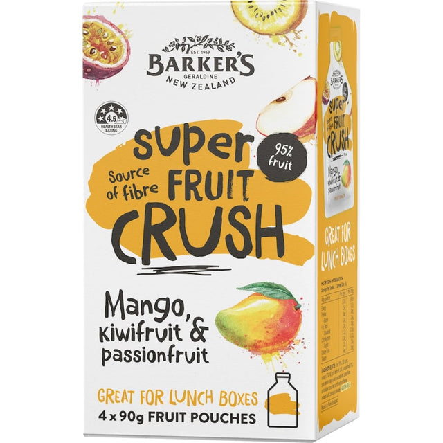 Barkers Super Fruit Crush: vibrant mango, passionfruit, and kiwifruit drink bursting with tropical flavor and vitamins.