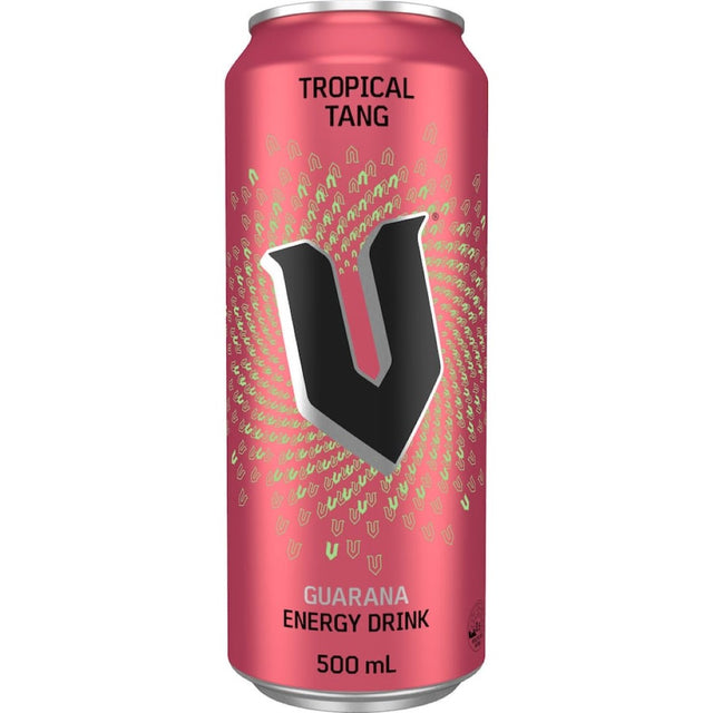 V Energy Drink Tropical Tang can showcasing vibrant tropical fruits, perfect for a refreshing energy boost on-the-go.