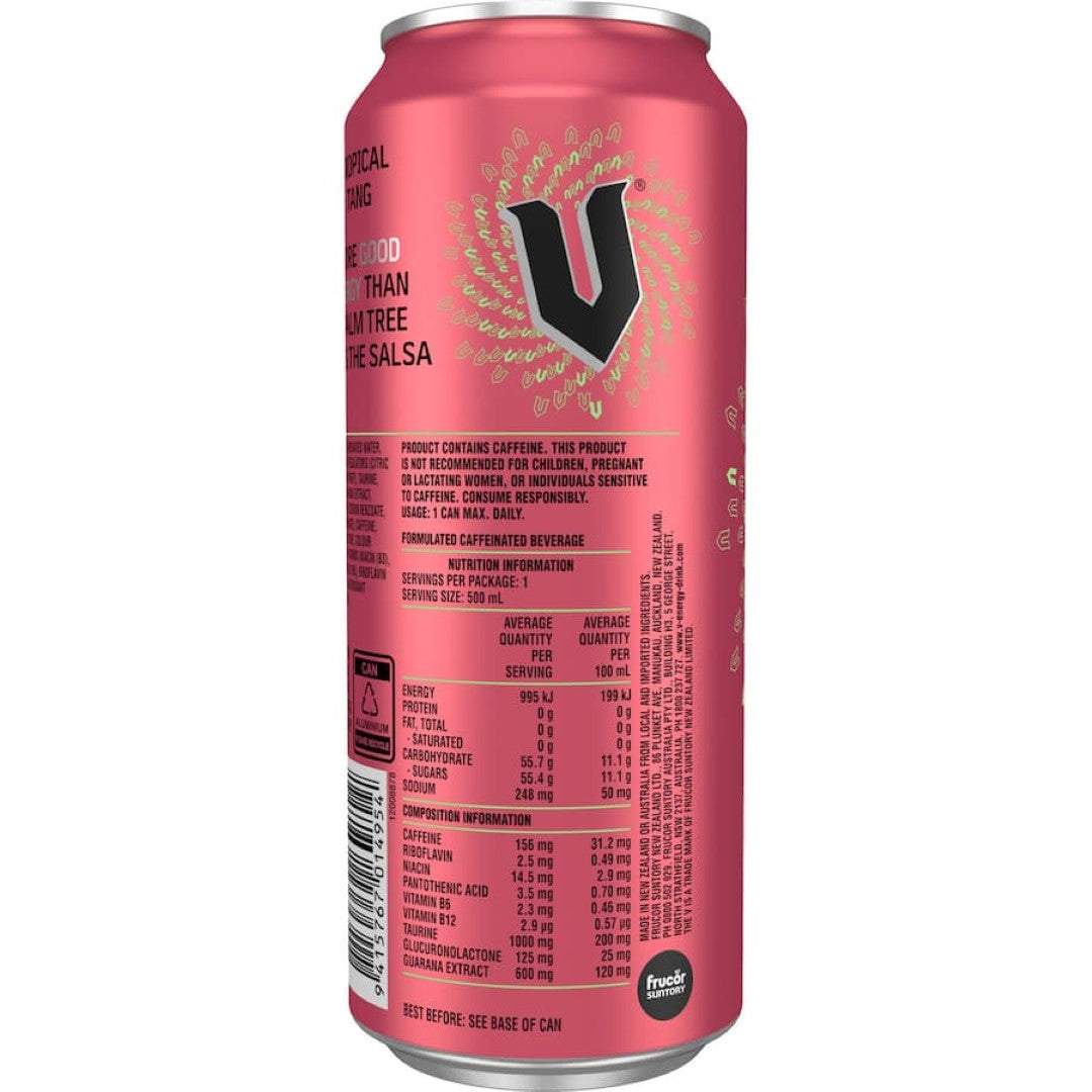 V Energy Drink Tropical Tang can featuring vibrant tropical flavors for a refreshing energy boost, perfect for any adventure.