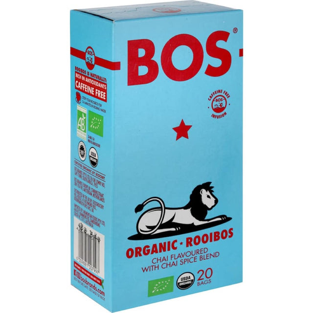 Aromatic Bos Chai Tea Organic Rooibos blends rooibos with chai spices for a caffeine-free, soothing tea experience.