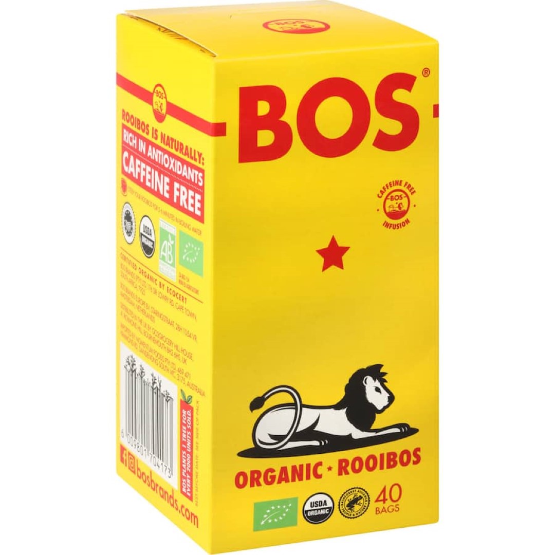 A box of Bos Tea Original, a premium rooibos tea known for its rich flavor, health benefits, and eco-friendly packaging.