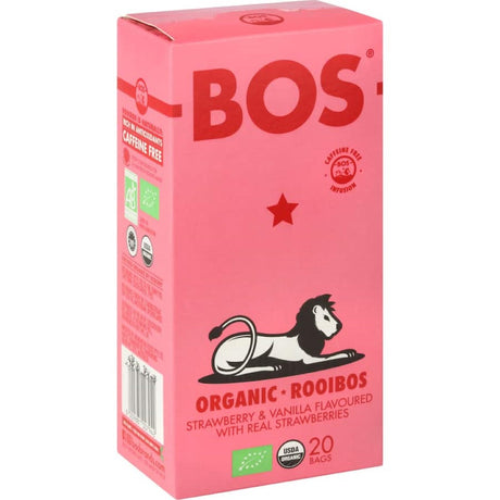 Bos Fruit Tea Strawberry & Vanilla featuring a blend of fruity strawberries and smooth vanilla, perfect for a refreshing caffeine-free drink.