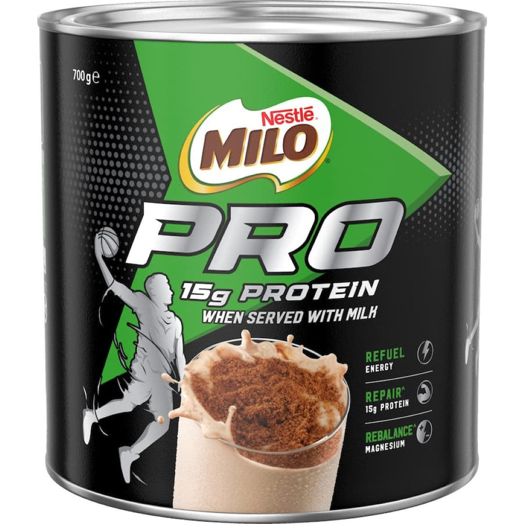 Nestle Milo Drinking Chocolate Pro, a protein-rich choc malt powder for recovery, packed with 9 essential vitamins and minerals.