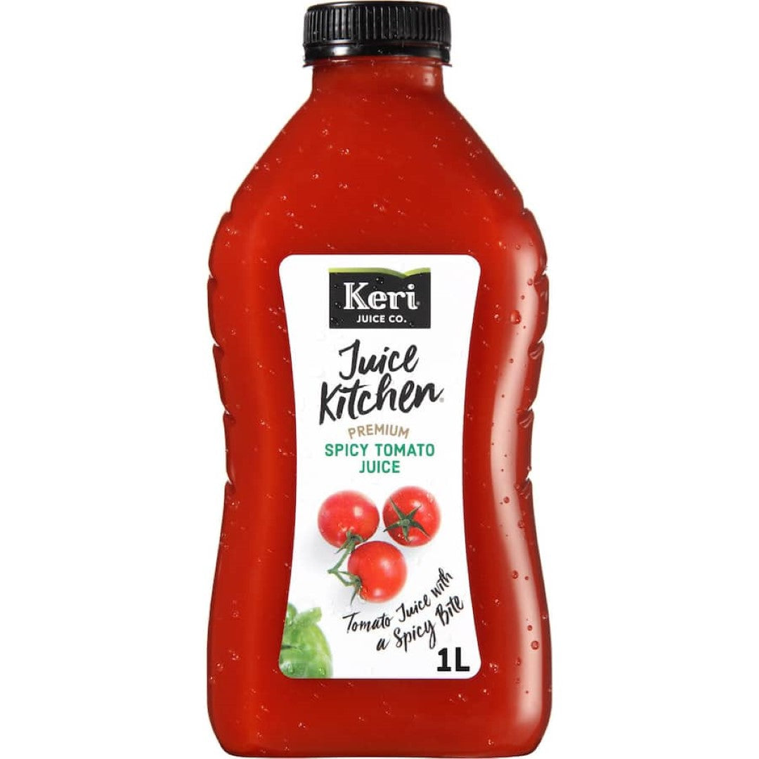 Keri Premium Tomato Juice Spicy in a 1L bottle, featuring rich tomatoes with a zesty kick, perfect for drinks and cooking.