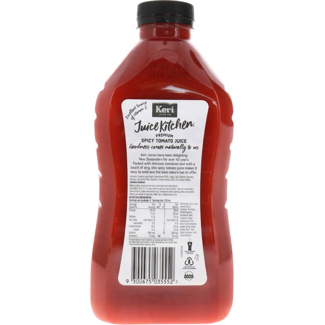 Keri Premium Spicy Tomato Juice: zesty flavor in a 1L bottle, perfect for drinks and recipes, packed with natural goodness.