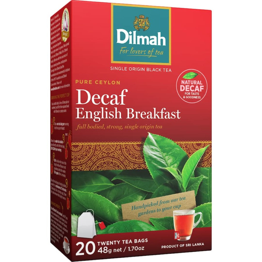 Premium Dilmah Decaf English Breakfast tea in an air-tight pouch, showcasing the robust flavor of Ceylon without caffeine.