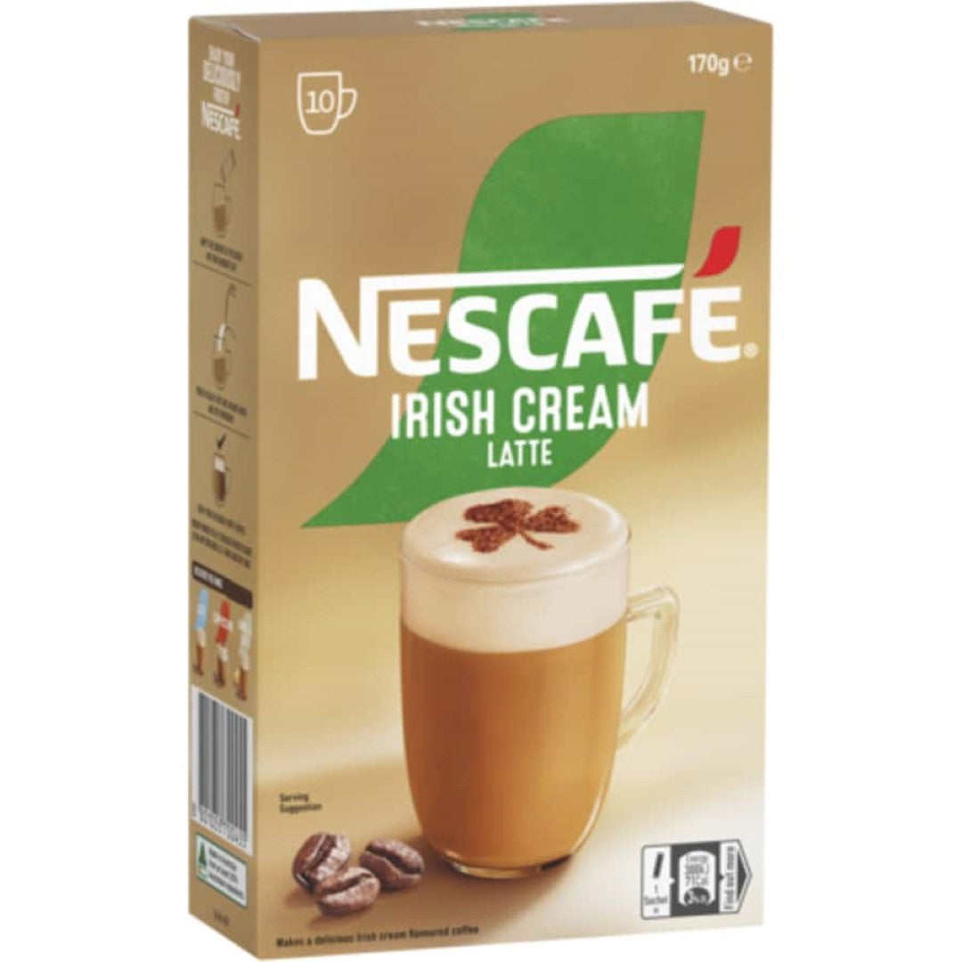 Nescafe Cafe Menu Irish Cream Latte 10-pack, a rich coffee mix with creamy Irish flavor for a luxurious coffee experience.